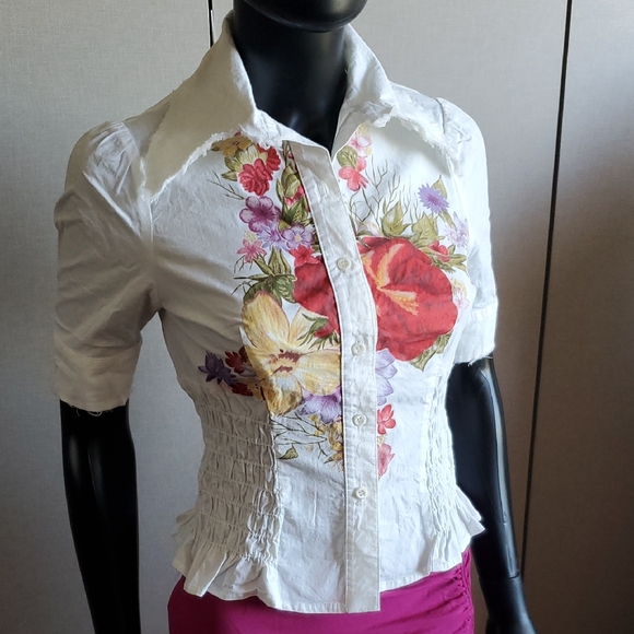 EUC y2k Lili Rose Floral Shirred Short Sleeve Blouse - Picture 1 of 12